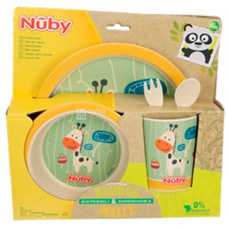 Nuby, Набір для годування, бамбуковий, жовтий, 5 приладів