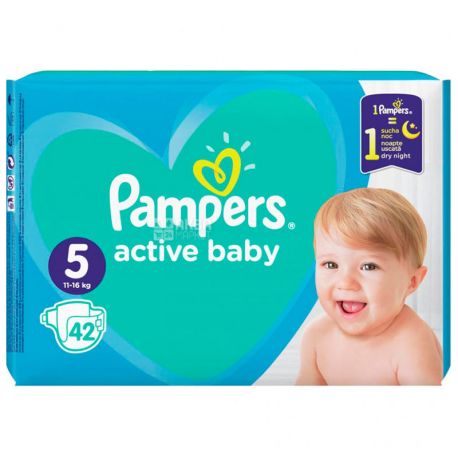Pampers Active Baby-Dry Junior, 42 шт., Памперс, Подгузники, Размер 5, 11-16 кг
