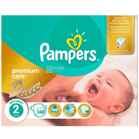 Pampers Premium Care New Baby, 148 шт., Памперс, Подгузники-трусики, Размер 2, 3-6 кг