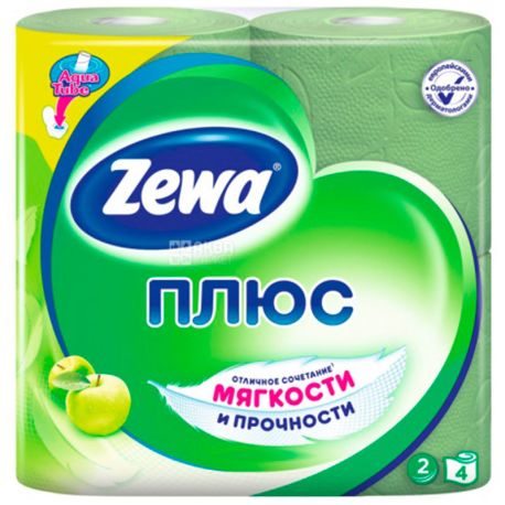 Zewa Plus, 4 рул., Туалетная бумага Зева Плюс, Яблоко, 2-х слойная
