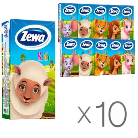 Zewa Kids, 10 упаковок по 10 шт., Хусточки носові Зева, Дитячі, 2-х шарові