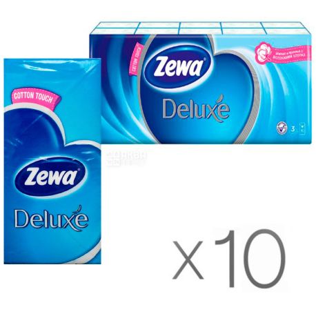 Zewa Deluxe, 10 упаковок по 10 шт., Хусточки носові паперові Зева Делюкс, 3-х шарові