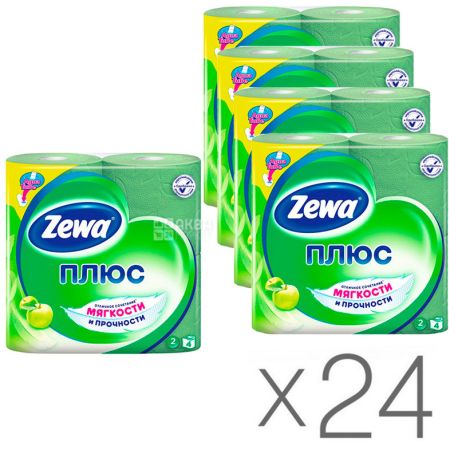 Zewa Plus, Туалетная бумага, двухслойная, аромат яблока, 24 упаковки по 4 рулона
