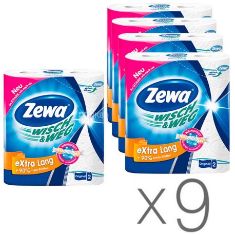 Zewa, Wisch & Weg Classic, 9 упаковок по 2 рул., Паперові рушники Зева, 2-шарові, 19 м, 86 листів, 23х12 см