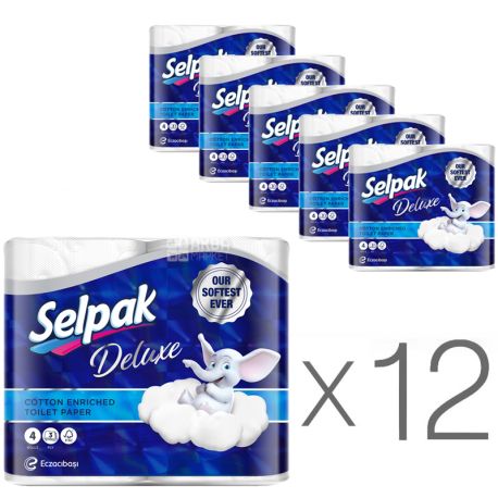 Selpak Deluxe, Упаковка 12 шт. по 4 рул., Туалетная бумага Селпак Делюкс, 3-х слойная