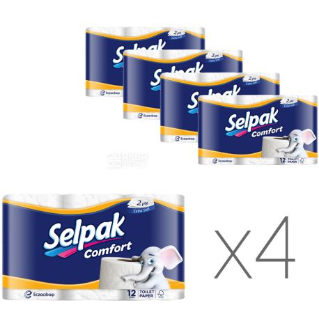 Selpak Comfort, Упаковкка 4 шт. по 12 рул., Туалетний папір Селпак Комфорт, 2-х шаровий