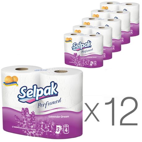 Selpak Лаванда, Туалетная бумага, трехслойная, 12 упаковок по 4 рулона