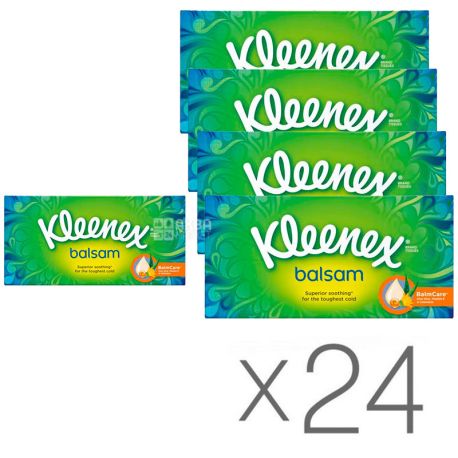 Kleenex Balsam, 24 упаковки по 72 шт., Серветки косметичні Клиінекс Бальзам, 3-х шарові, 21 х 18 см, білі