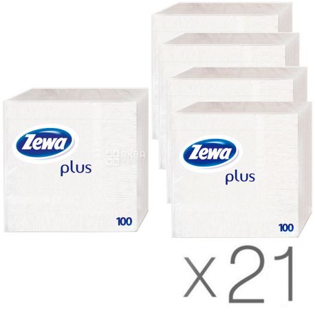 Zewa Plus, 21 упаковка по 100 шт., Серветки столові, Зева плюс, одношарові, 33х33 см, білі