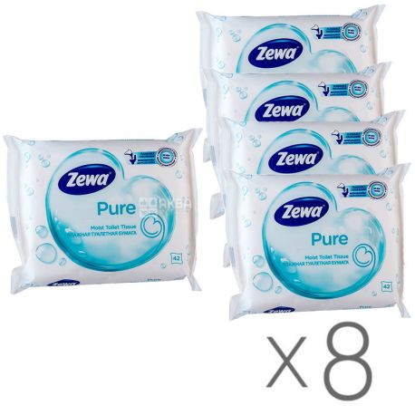 Zewa Pure, 8 упаковок по 42 аркуші, Туалетний папір Зева, Вологий