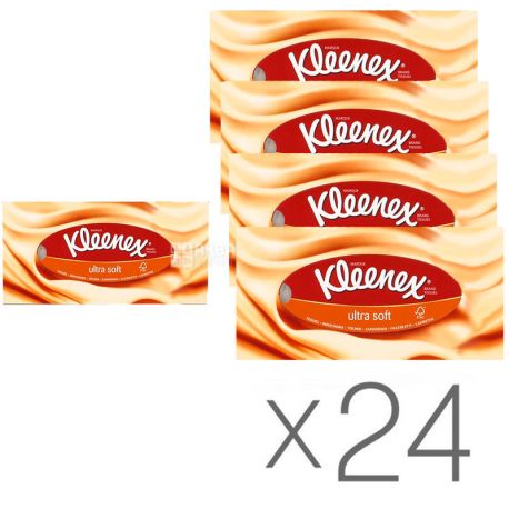Kleenex Ultra Soft, 24 упаковки по 56 шт., Серветки косметичні Клінекс, супер м'які, 3-х шарові, 21 х 18 см, білі