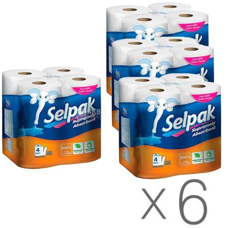 Selpak Super Absorbent, 6 упаковок по 4 рул., Рушники паперові Селпак, 3-шарові, 80 аркушів, 21х21 см