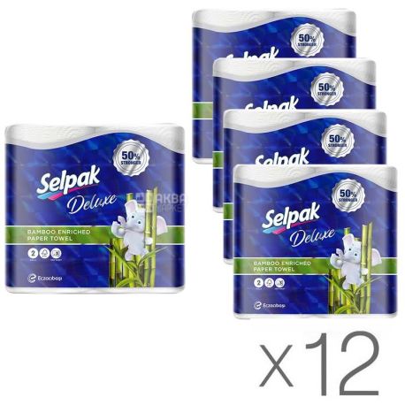 Selpak Deluxe, Рушники паперові, кухонні, білі, 12 упаковок по 2 рулона