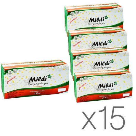 Mildi, Premium, Рушники паперові Мілді, одношарові, V-складання, зелені, 15 упаковок х 250шт., 23х25 см