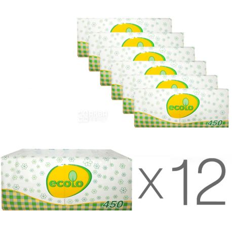 Ecolo, 12 упаковок по 450 шт., Салфетки столовые Эколо, однослойные, 24х24 см, белые