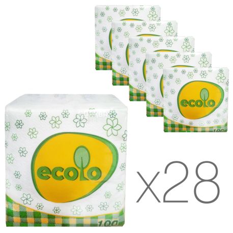 Ecolo, 28 упаковок по 100 шт., Салфетки столовые Эколо, однослойные, 24х24 см, белые