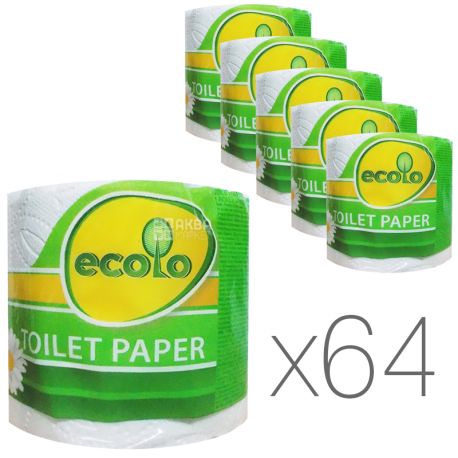Ecolo, Упаковка 64 шт. по 1 рул., Туалетний папір Еколо, 2-х шаровий