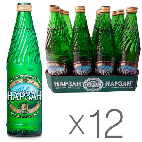 Нарзан Элита, 0,5 л, Упаковка 12 шт., Вода минеральная сильногазированная, стекло