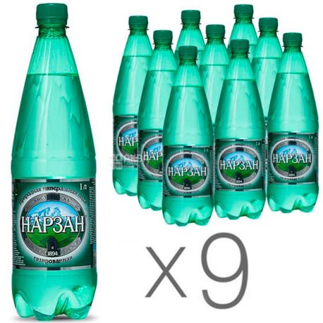 Нарзан, 1л, Упаковка 9 шт., Вода мінеральна сильногазована, ПЕТ