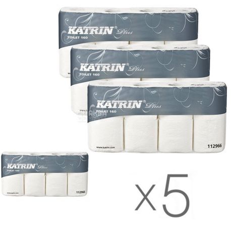 Katrin Plus, Упаковка 5 шт. по 8 рул., Туалетная бумага Катрин Плюс, 2-х слойная