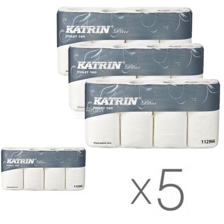 Katrin Plus, Упаковка 5 шт. по 8 рул., Туалетний папір Катрін Плюс, 2-х шаровий