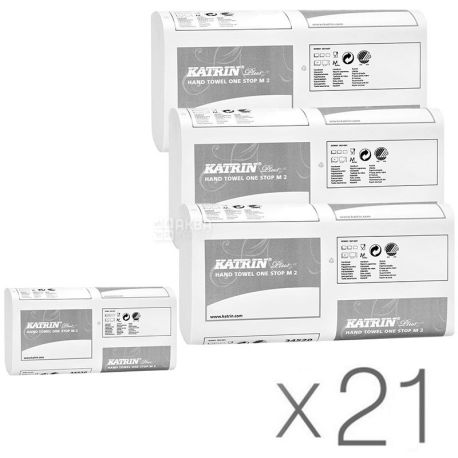 Katrin Plus, 21 упаковка по 160 листов, Бумажные полотенца Катрин, 2-х слойные, W-сложения, белые, 24х24 см