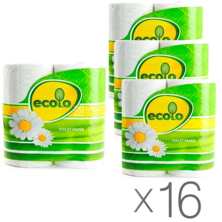 Ecolo, Упаковка 16 шт. по 4 рул.,Туалетная бумага Эколо, 2-х слойная