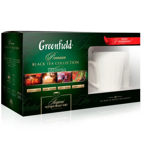 Greenfield, Black Collection, 4 types of 25 bags, Greenfield, Gift set 100 bags. with a cup
