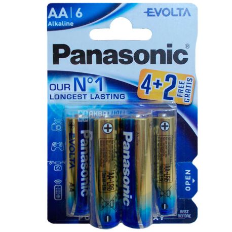 Panasonic Evolta, AA, 6 шт., 1,5V, Батарейки лужні, LR6