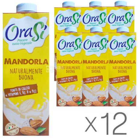 OraSi, Mandorla, 1 л, ОраСі, Мигдальне молоко з вітамінами і кальцієм, Упаковка 12 шт.