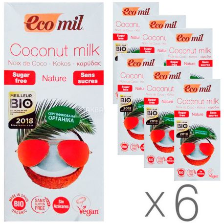  Ecomil, Coconut milk, 1 л, Екоміл, Рослинний напій, Кокос без цукру, Упаковка 6 шт.