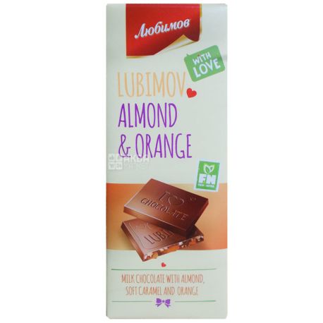 Lyubimov, Milk chocolate with almonds, caramel and orange zest, 85 g