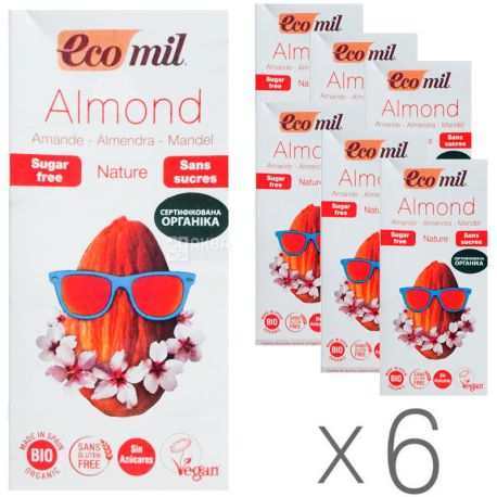 Ecomil, Almond milk, 1 л, Экомил, Растительный напиток, Миндаль без сахара, Упаковка 6 шт.
