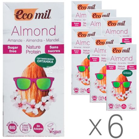  Ecomil, Almond milk, Protein, 1 л, Екоміл, Рослинний напій, Мигдаль з протеїном, без цукру, Упаковка 6 шт.