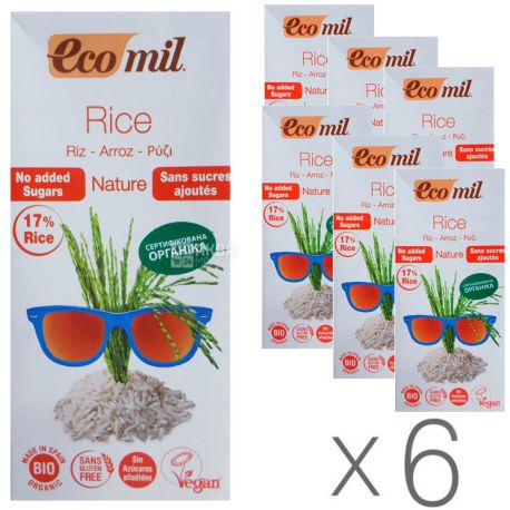 Ecomil, Rice, 1 л, Екоміл, Рослинний напій, Рис без цукру, Упаковка 6 шт.