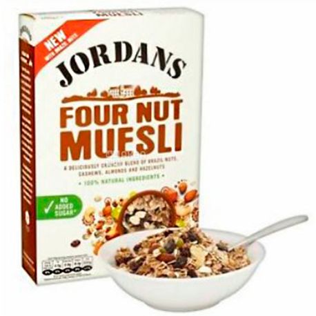 Jordans, 600 г, Мюсли Джорданс, смесь злаков, четыре ореха, сухой завтрак, быстрого приготовления