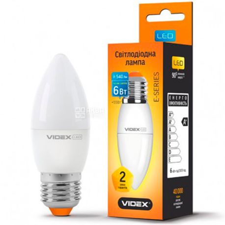 VIDEX LED, Лампа світлодіодна Свічка, цоколь E27 6 W, 3000К, 220V, тепле світіння, 540 Lm