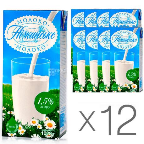 Нежинское, Молоко ультрапастеризованное 1,5%, 1 л, упаковка 12 шт. 