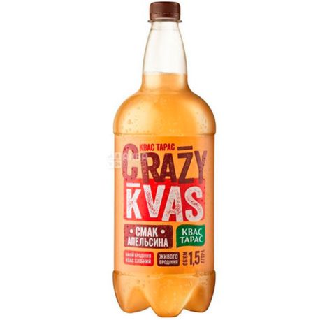 Kvass Taras Crazy Kvas, 1.5 L, live fermented kvass with orange flavor, PET