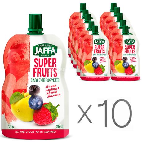 Jaffa, Super Fruits, Яблоко-черника-арония-малина, Упаковка 10 шт. по 120 г, Джаффа, Сила суперфруктов, Смузи натуральный