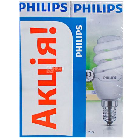 Philips, Лампочки комплект, Tornado T2 mini, E14 8W 2700 K, энергосберегающая, 2 шт.