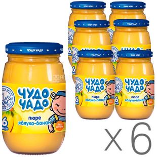 Чудо-Чадо, Упаковка 6 шт. х 170 г, Пюре для малюків, Яблучно-Бананове, з 6-ти місяців, без цукру, скло