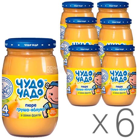 Чудо-чадо, Пюре дитяче, яблучно-грушеве без цукру, 170 г, упаковка 6 шт.