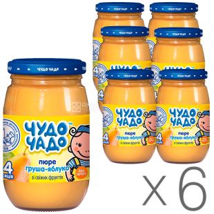 Чудо-Чадо, Упаковка 6 шт. х 170 г, Пюре для малюків, Груша-Яблуко, без цукру, скло