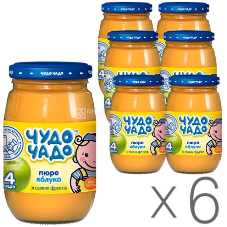 Чудо Чадо, Упаковка 6 шт. х 170 г, Пюре для малышей Яблоко, без сахара, с 4-х месяцев, стекло