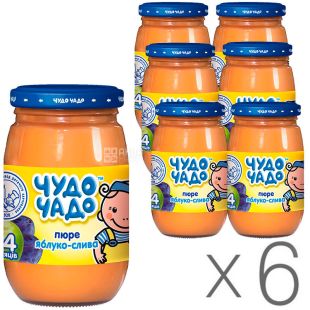 Чудо-Чадо, Упаковка 6 шт. х 170 г, Пюре для малюків, Яблуко-Слива, з 4-х місяців, скло