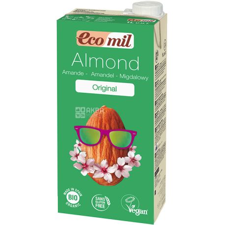 Ecomil, Almond Original, 1 л, Екоміл, Рослинний напій, Мигдаль з сиропом агави, без цукру
