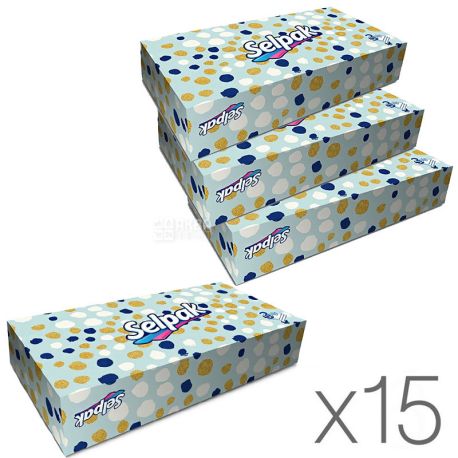 Selpak Maxi Mix, 15 упаковок по 100 шт., Серветки косметичні Селпак Максі Мікс, 3-х шарові, 21х21 см, білі