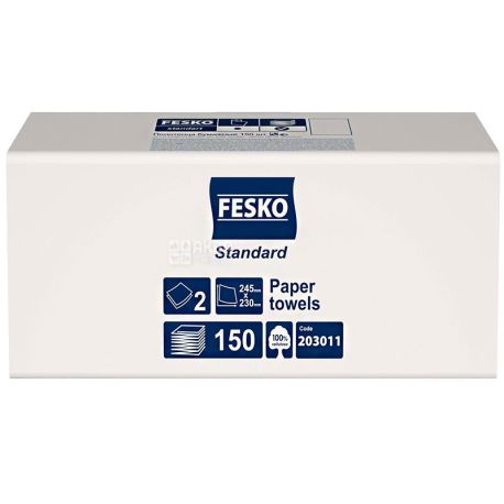 Fesko Standart, 150 листов, Полотенца бумажные Феско, 2-х слойные V-сложения, белые, 25х23 см