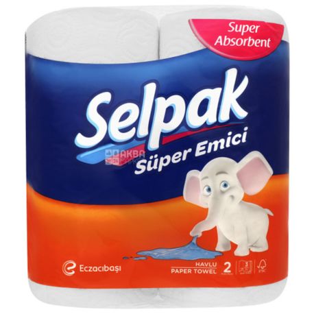 Selpak, Super Absorbent, 2 рул., Бумажные полотенца Селпак Супер Абсорбент, 3-х слойные, 80 листов, 22х11 см